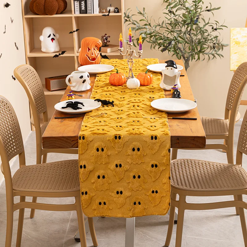 VIKAMA Plush 3D Embossed Ghost Halloween Table Runner, Soft Fluffy Dining Table Scarf, Farmhouse Fall Holiday Home Party Decor