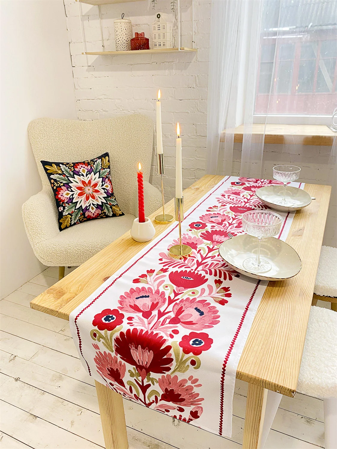Floral Table Runner Red Pink, Colorful Holiday Dining Decor, Scandinavian Folk Art Table Linen, Boho Botanical Runner for Dining