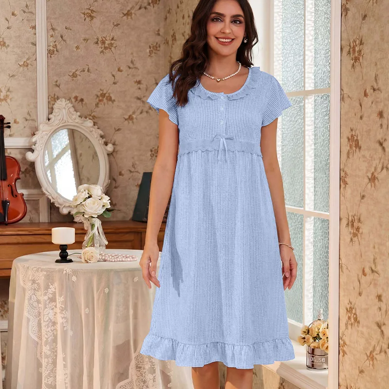 Women Nightgown Loose Fit Cute Pajamas Spring Autumn Version Girls Students Mid-Length Lace Bow Striped Round Neck Short Sleeves