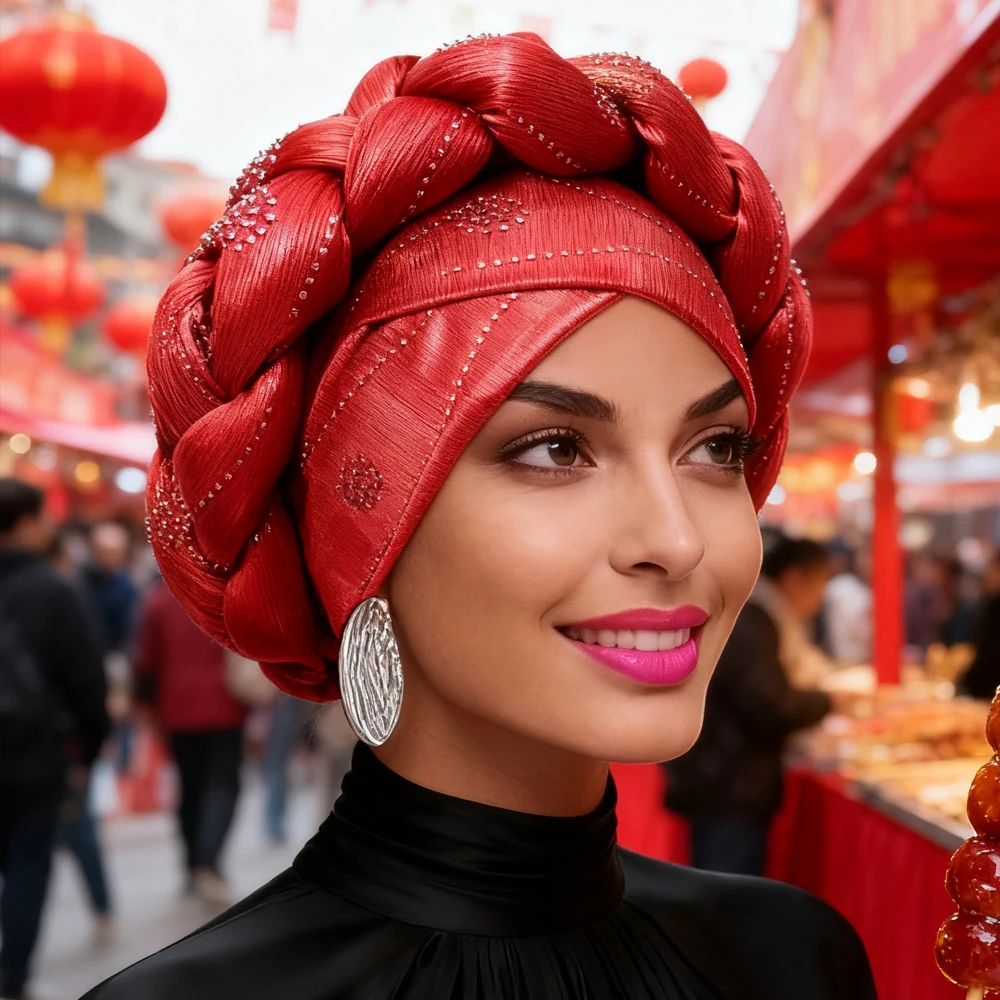 

Кепка-тюрбан с бриллиантами для женщин, мусульманский хиджаб, платок с косой, африканский головной убор с автогелем, нигерийский свадебный гелевый капот, повязка на голову