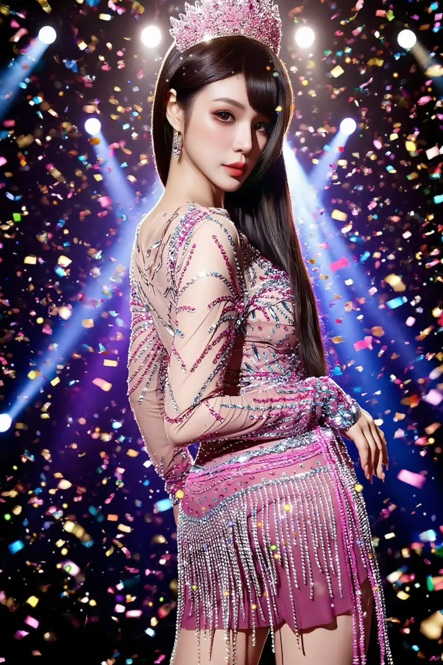 Feilinfen Green Print Mesh Fringe Dress One Long Sleeve High Neck Tassel Rhinestone Latin Dance Competition Stage Outfit view 4