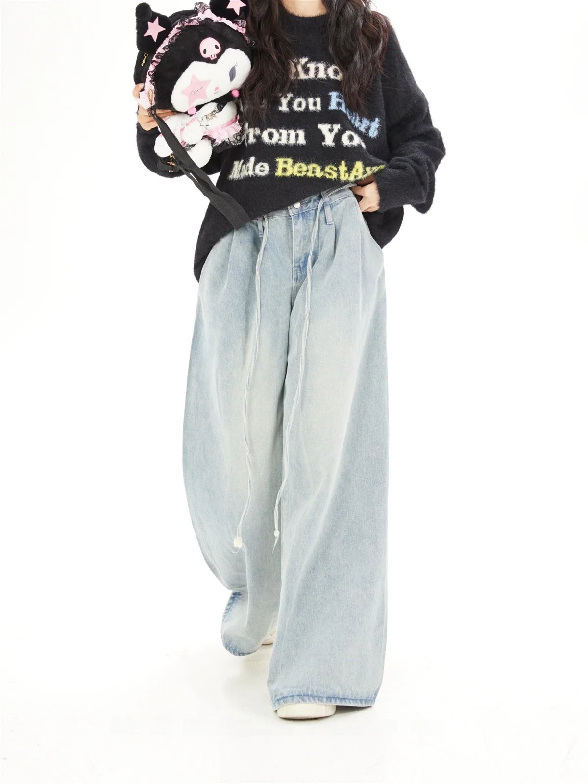 High Waist Fleece Lined Women's Jeans Versatile Loose Wide Leg Pants Slimming Effect Korean Style Commute Washed Denim Blue