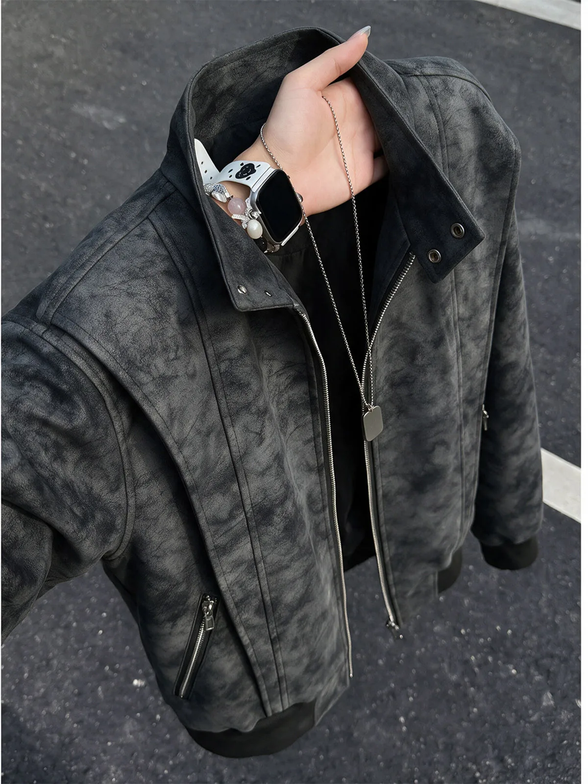 Deconstructed PU Leather Baseball Jacket Men's Fashion Autumn Cleanfit Stand Collar Short Shape Outerwear Dyed Jacket