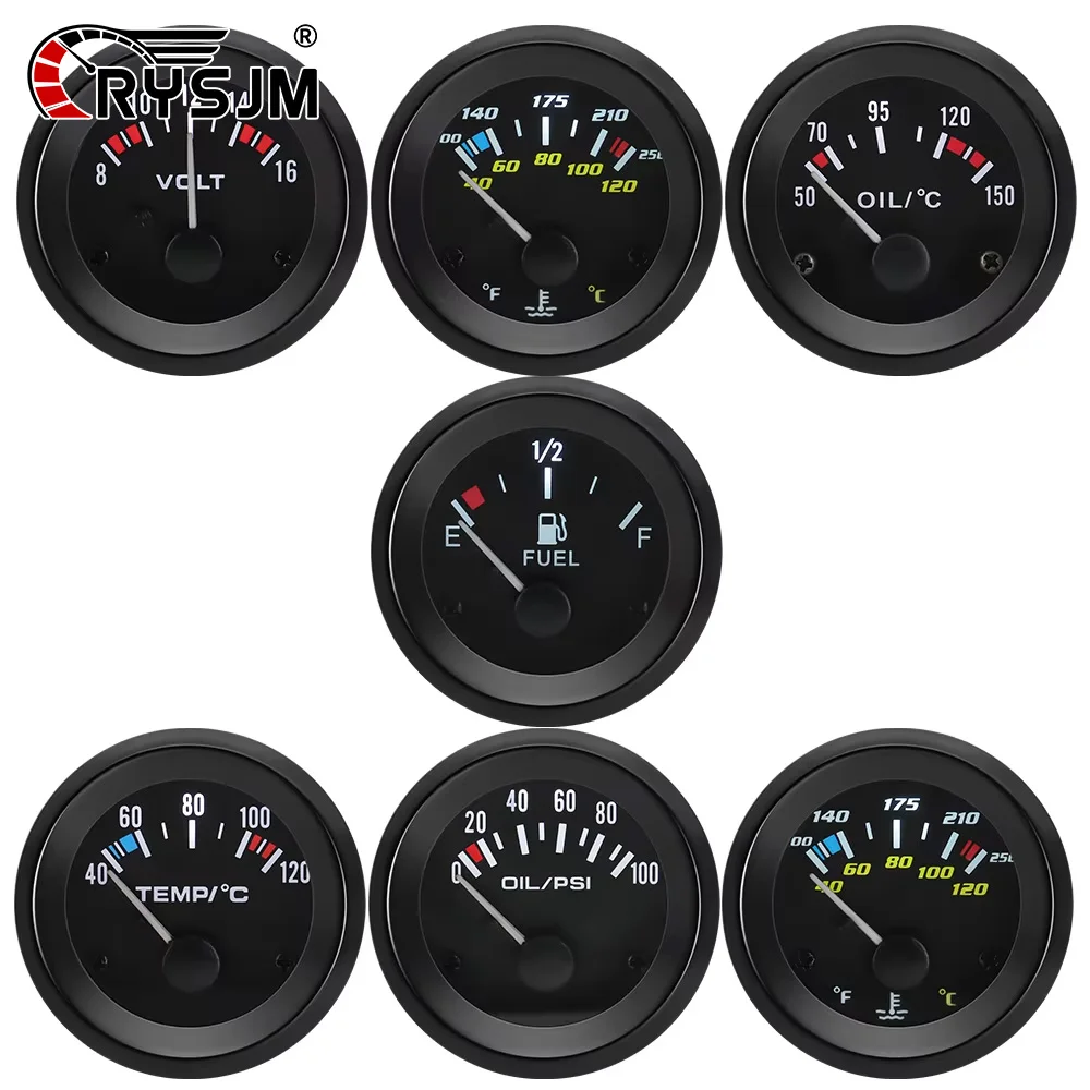 52MM Oil Pressure Gauge Water Temperature Oil Temp Voltmeter Fuel Level Meter with Bracket Pod Holder For 12V Universal Vehicle