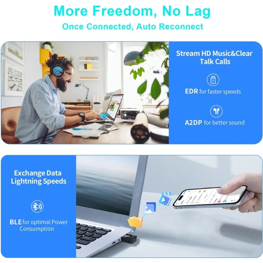 Adattatore USB Bluetooth 5.4 Ricevitore dongle Bluetooth wireless per PC portatile Win 11/10/8//7 Auricolare Altoparlante Tastiera Mouse Stampante