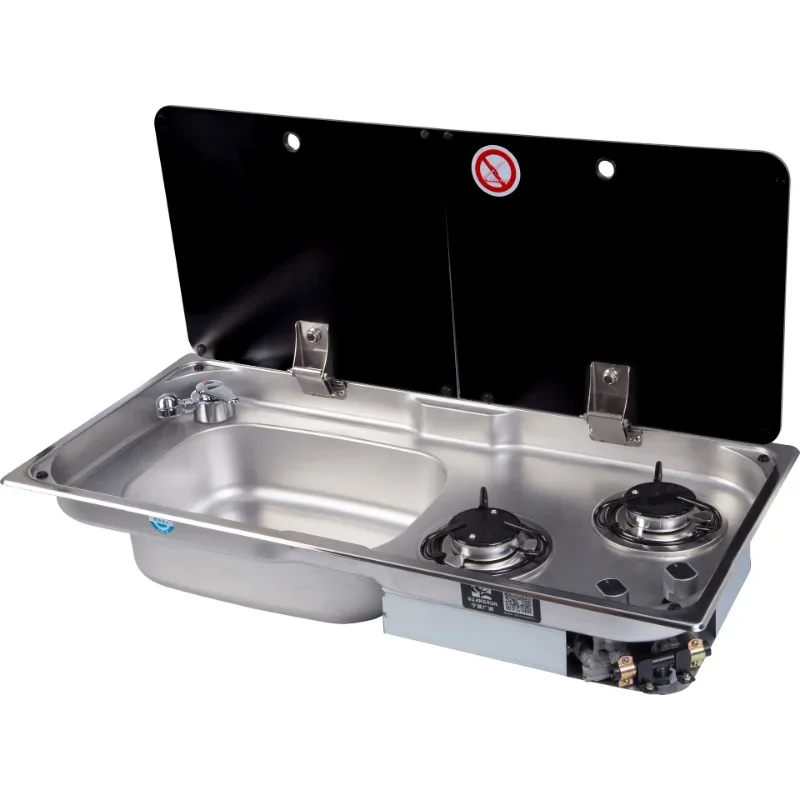 RV Gas Stove Sink  Stainless Steel Gas Stove Sink with 2 Glass Covers for Yacht and Ship Kitchen  2-in-1 Sewer Pipe with Faucet