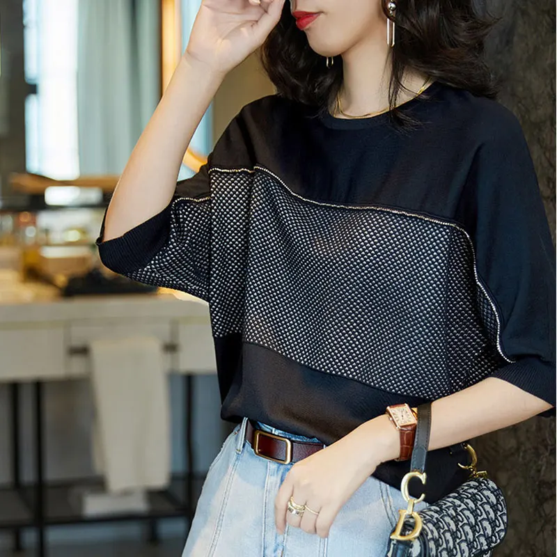 Summer Casual Batwing Sleeve Loose T-shirt Korean Solid Color Spliced Female Clothing Fashion Diamonds O-Neck Knitted Pullovers