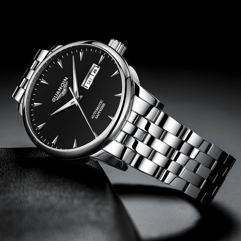 GUANQIN męskie zegarki automatyczne mechaniczne podwójne okienko kalendarza stal skórzany biznesowy rekreacyjny świecący wodoodporny zegarek na rękę