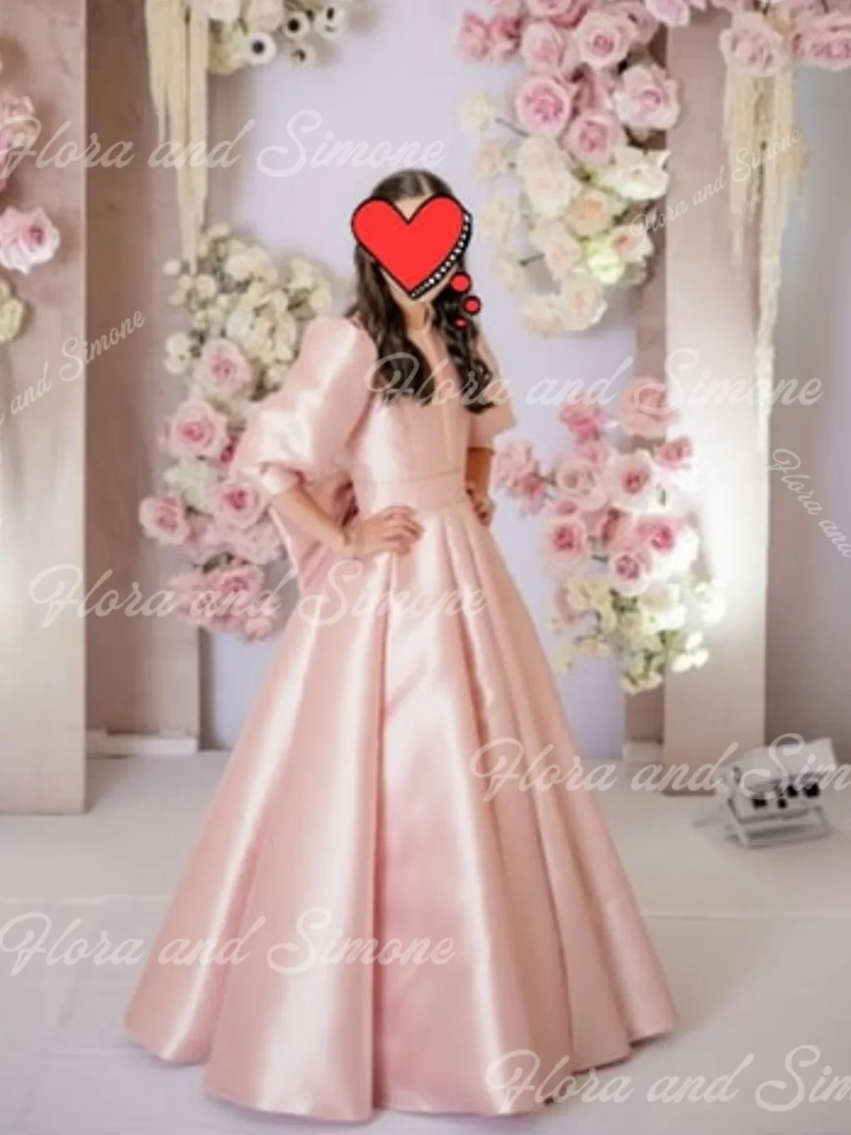 Elegant Pink Satin High Neck Long Puffy Sleeves Flower Girl Dress for Children's Sacrament Birthday Bridesmaid Dress Customize