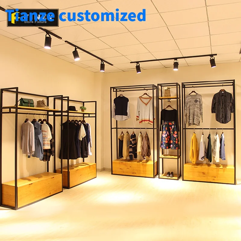 （customized）Fashion Store Clothing Rail Wooden Clothes Hanging Garment Rack Clothing Shop