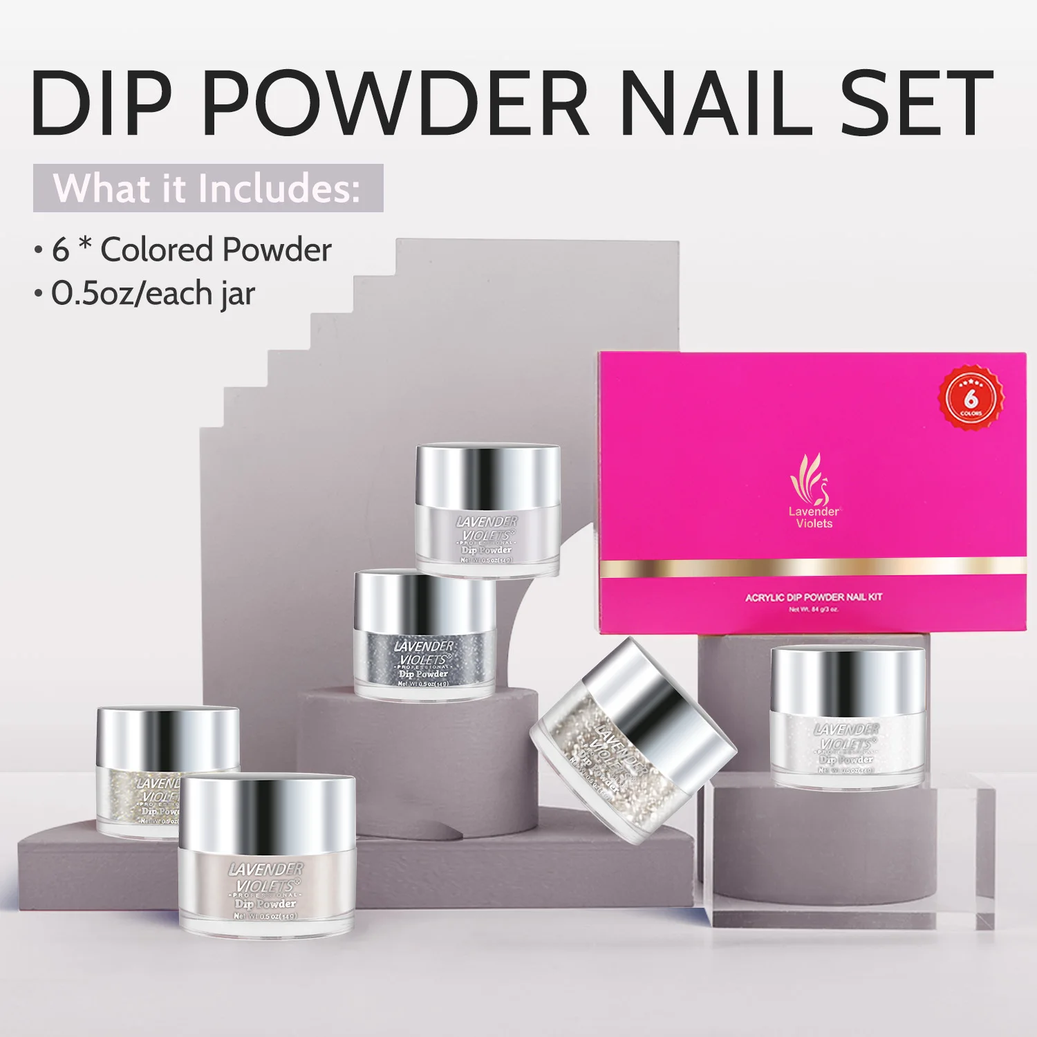 6x0.5oz سعة كبيرة فضي الألوان الهواء الجاف غمس مسحوق مجموعة لصالونات الأظافر مانيكير النساء الفتيات هدية #3
