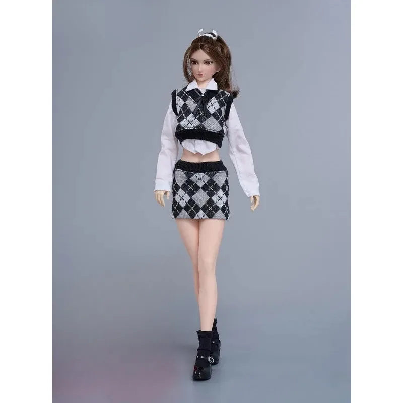 1/6 Scale Female Action Figure Knitted Diamond Plaid Vest Skirt Suit Campus Style Long Sleeves Shirt Model for 12