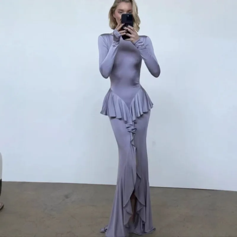 

2025 Spring/Summer One Piece Neck Sexy Deep V-Back Ruffle Edge Split Hip Wrapping Fish Tail Long Dress