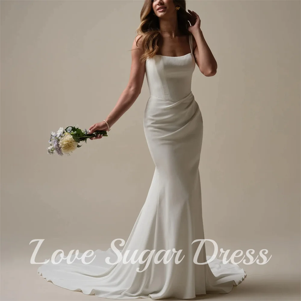 

Classic Square Neck Wedding Dresses Mermaid Long Train Bridal Gown Sexy Sleeveless Pleated Bride Dress vestidos para mujer
