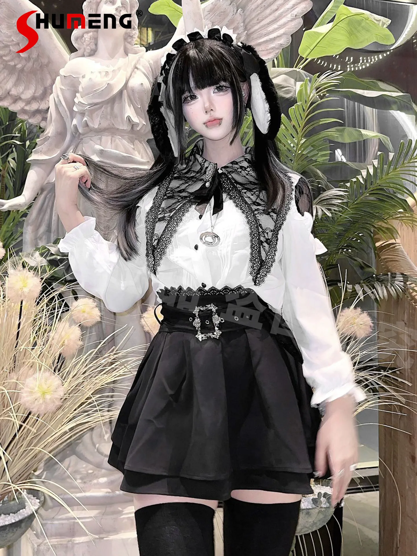 

Japanese Mines Style Mass-produced Lace Collar Puff Sleeve Heart Button Shirt High Waist A-line Black Skirt Two-piece Sets Women