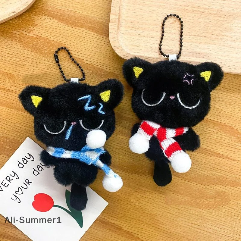 【E】漫画風黒猫ぬいぐるみキーホルダー ソフトなぬいぐるみ 可愛いスクールバッグペンダント飾りギフト