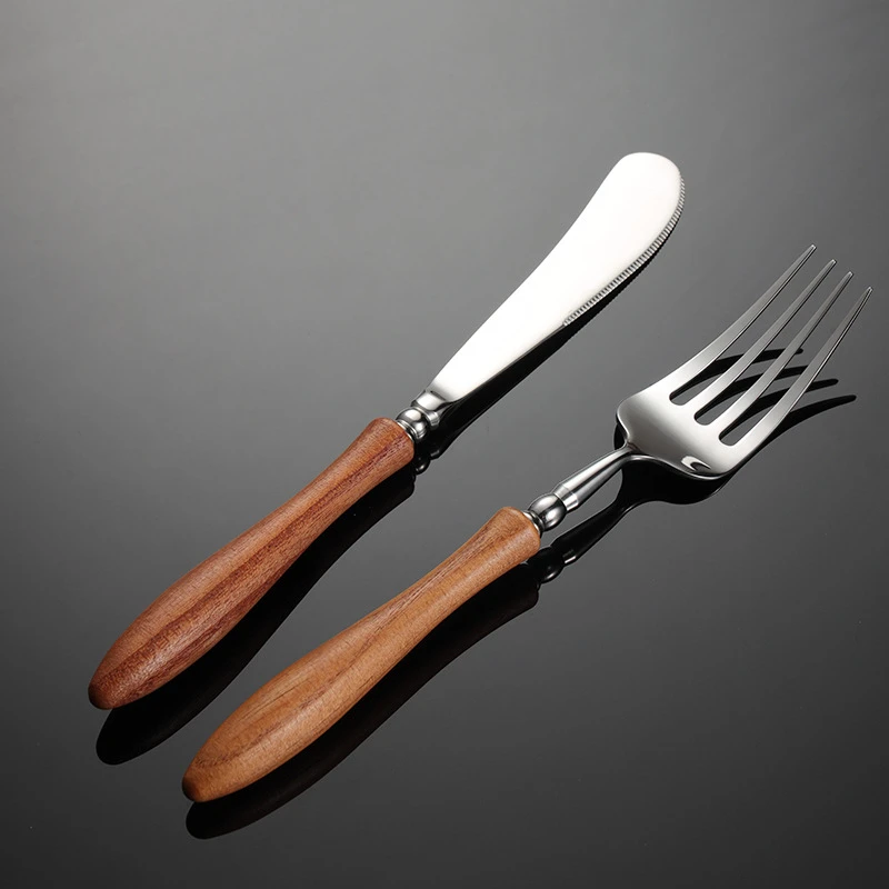 Toon Wood Stainless Steel Tableware Cutlery Dining Set Natural Kitchen Utensils Sliver Fork Tea Spoon Kinfe of Dishes for Dinner