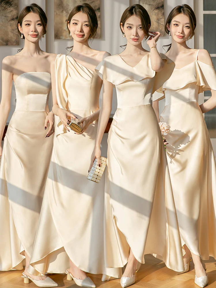 

Шикарные атласные платья цвета шампань для подружек невесты: модная зимняя одежда для женщин, универсальные наряды для сестер, элегантные вечерние платья.