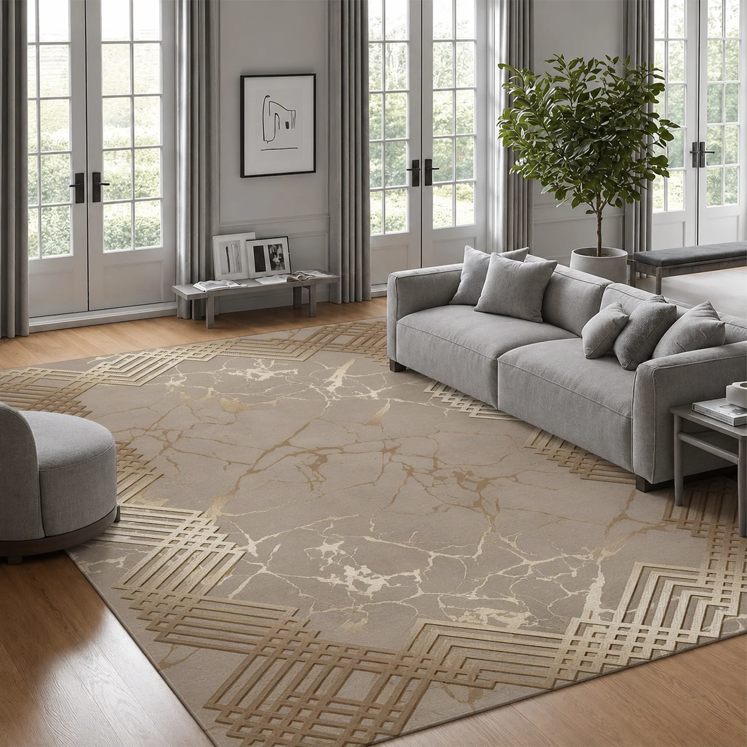 Large Indoor Area Rug, Soft Velvet Low Pile with Non-Slip Dotted Backing, Machine Washable, Beige Marble Vein Geometric Lattice Pattern Rug for Living Room Bedroom