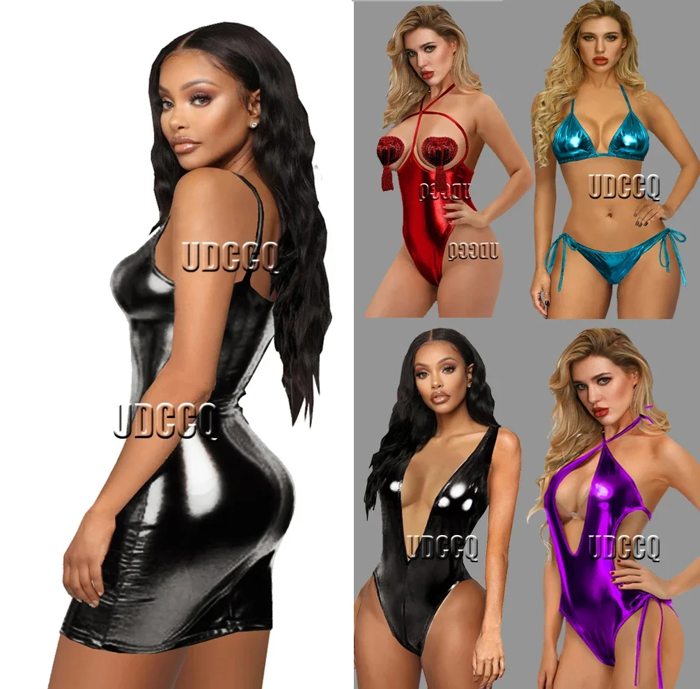 women sexy lingerie costumes pajamas pole dancing Sexy glisten Metallic PVC FAUX LEATHER Underwear Babydoll Lingerie strapless