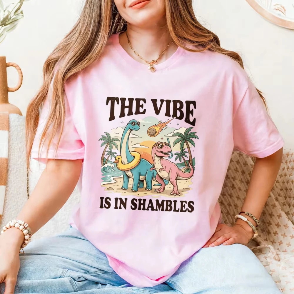 The Vibe Is In Shambles Retro Beach Sunglass Dinosaur Cotton Women Tee Tropical Sunset Fun Dino Graphic Tops Summer Vacation Tee