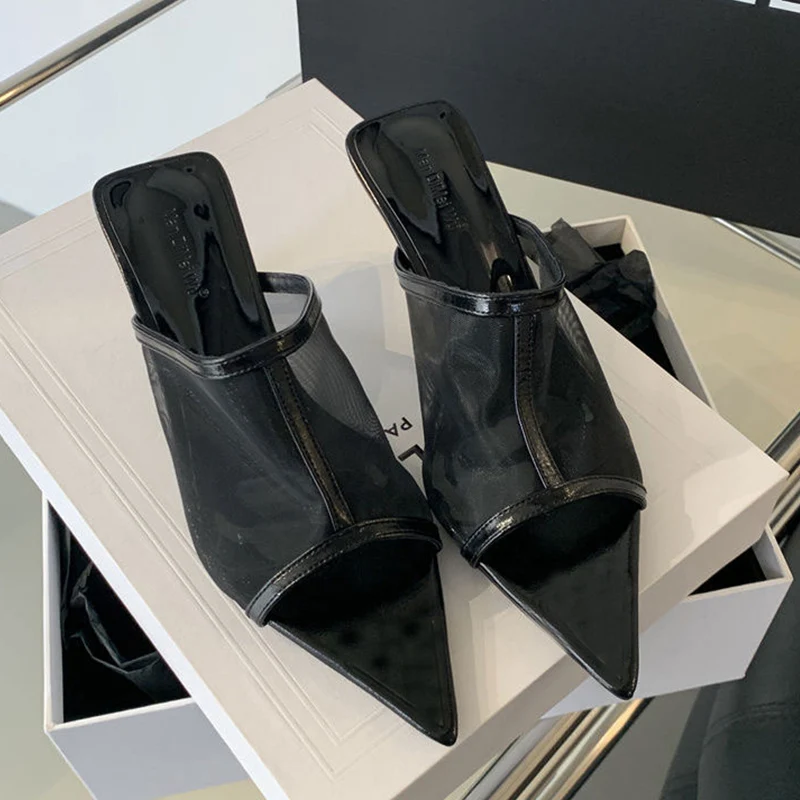 

Women Mesh Sandals Pointed Toe High Heels Shoes Sexy Slippers 2025 Summer Brand Woman Shoes Open Toe Party Pumps Mujer Slides