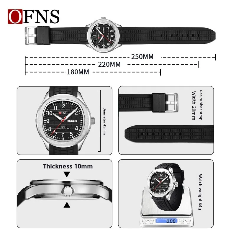 OFNS8018 Men's Business Quartz Watch Double Calendar Quartz Movement 50m Waterproof Night Light Pointer Mineral Tempered Glass
