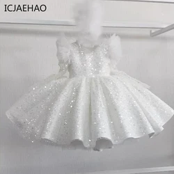 ICJAEHAO 2024 First Birthday Party Dress For Baby Girls Sequins Simple Children Performance Costumes White Princess for Wedding