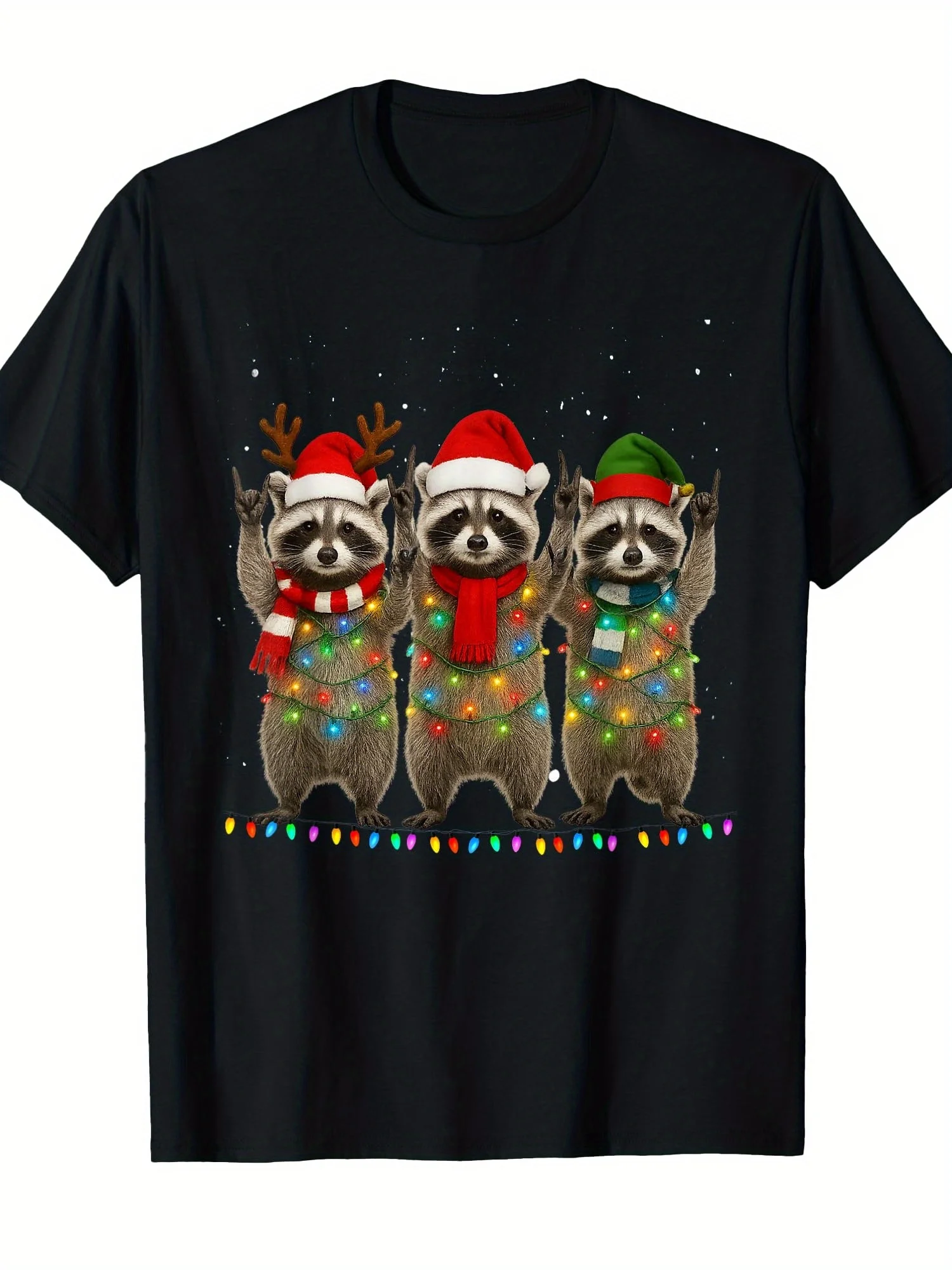 

Funny Raccoon Christmas Lights Graphic Tee Cute Animal Rock On Holiday T-Shirt Men Casual Cotton Crew Neck