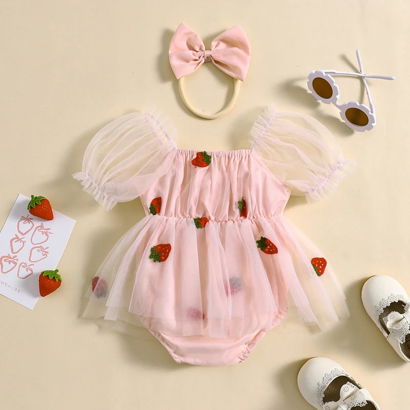 2 Piece Baby Girls Set Lace Tie-up Mesh Bodysuits Dress Puff Sleeve Strawberry Embroidery Romper Bow Headband Adorable Outfits