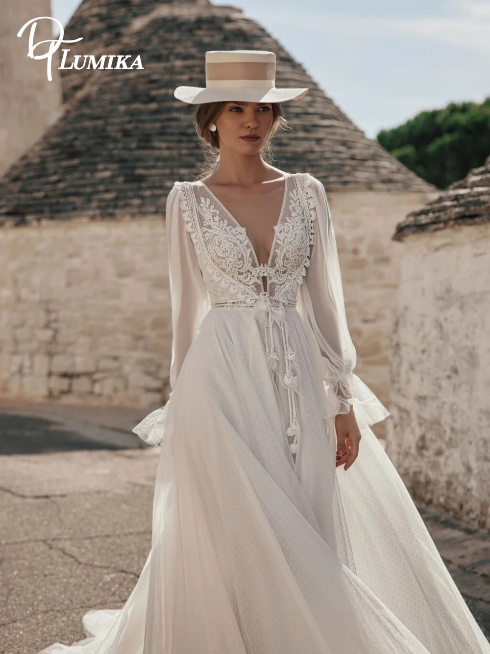 DTLumika Deep V Wedding Dress Lace Appliques Long Sleeves Tassel Belt A Line Boho Bridal Gown 2027 Vestidos De Novia Customized