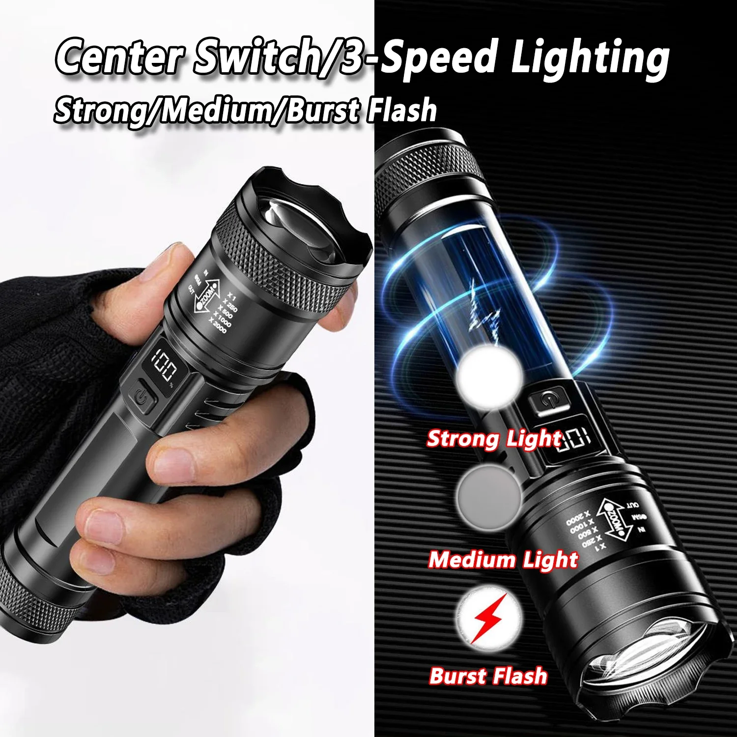 عالية قوة مصابيح كاشفة بلمبات Led 2000LM الشعلة التكتيكية مع عرض ضوء USB شحن التخييم الصيد فانوس التكبير في حالات الطوارئ