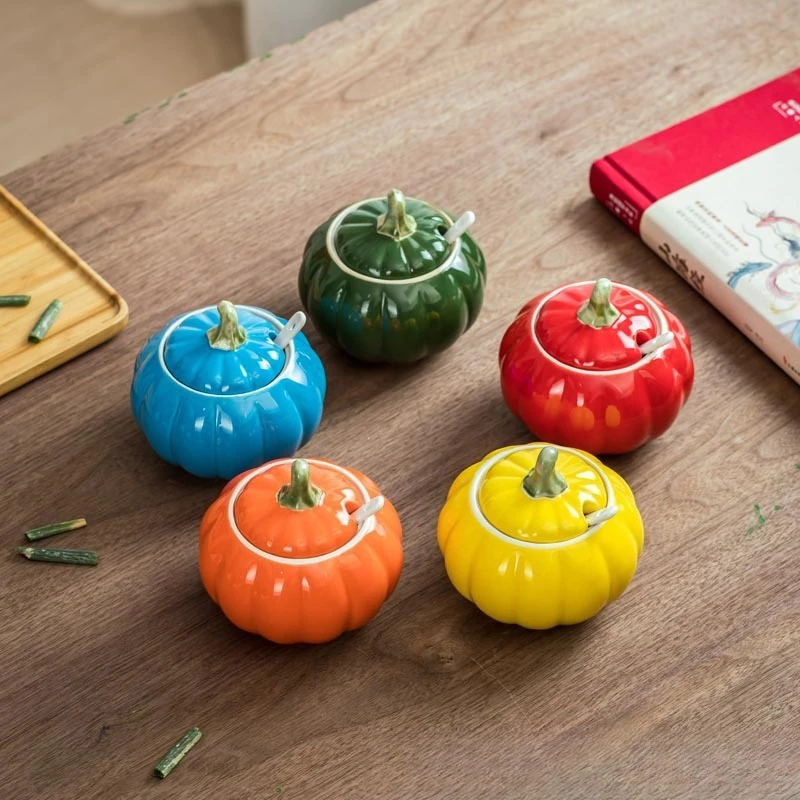 

Creative Pumpkin Ceramic Spice Jar Set Salt Sugar Container Kitchen Oil Bottle Seasoning Box