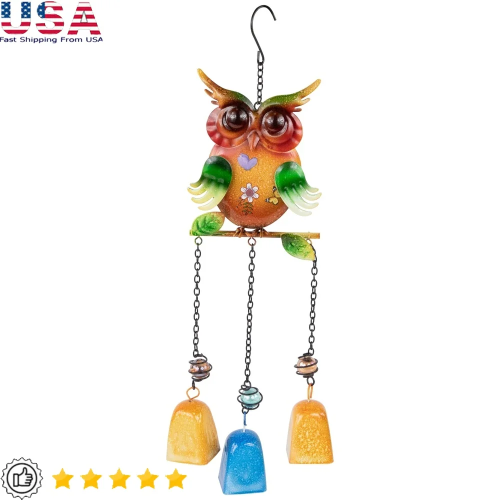 

10 Inch Green Metal Owl Outdoor Garden Windchime with 3 Colorful Bell Chimes Easy Hang Chain Hook Outdoor Decor