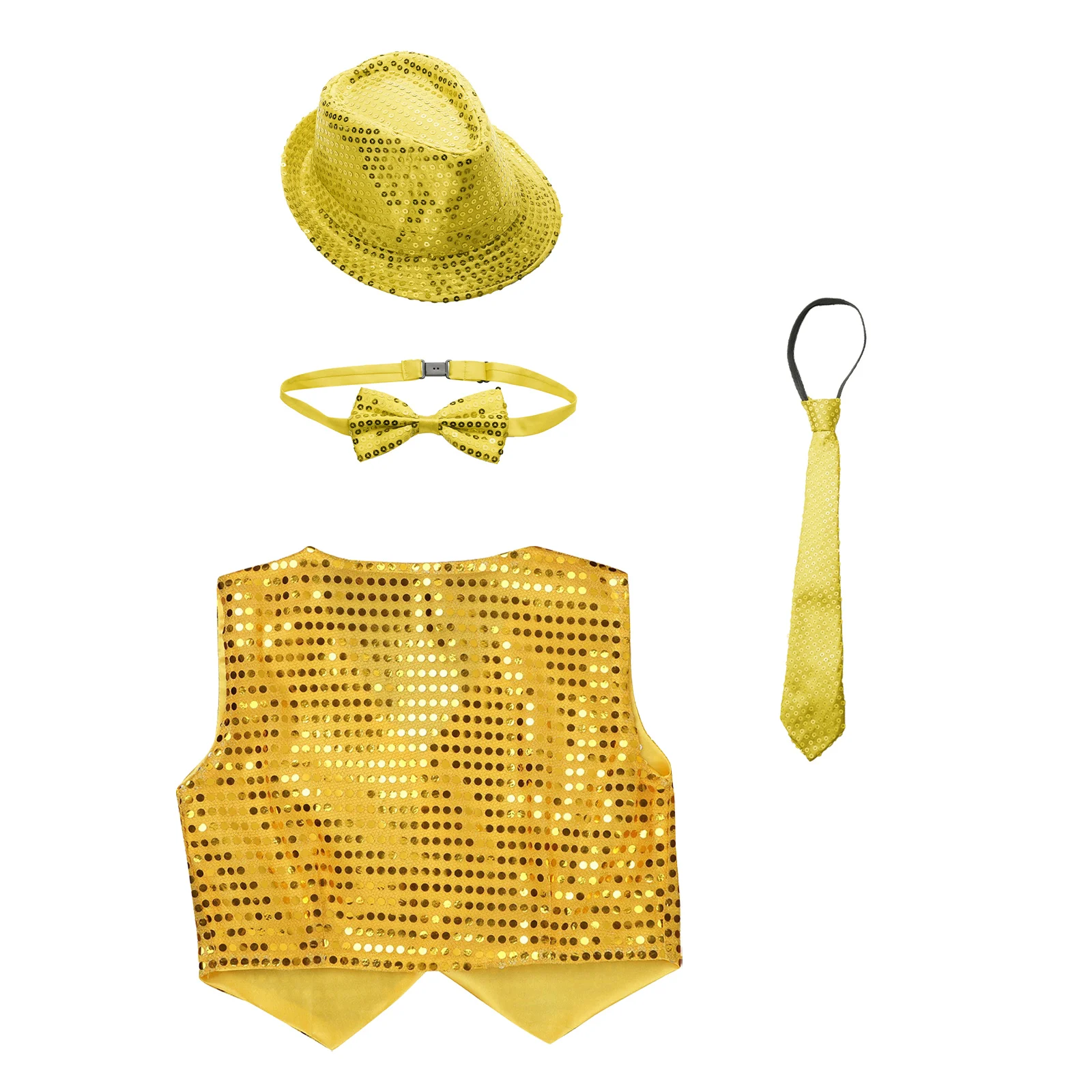 Disfraz de baile de Jazz para niños, chaleco de lentejuelas brillantes con sombrero y pajarita, corbata, top de actuación de escenario moderno, Ropa