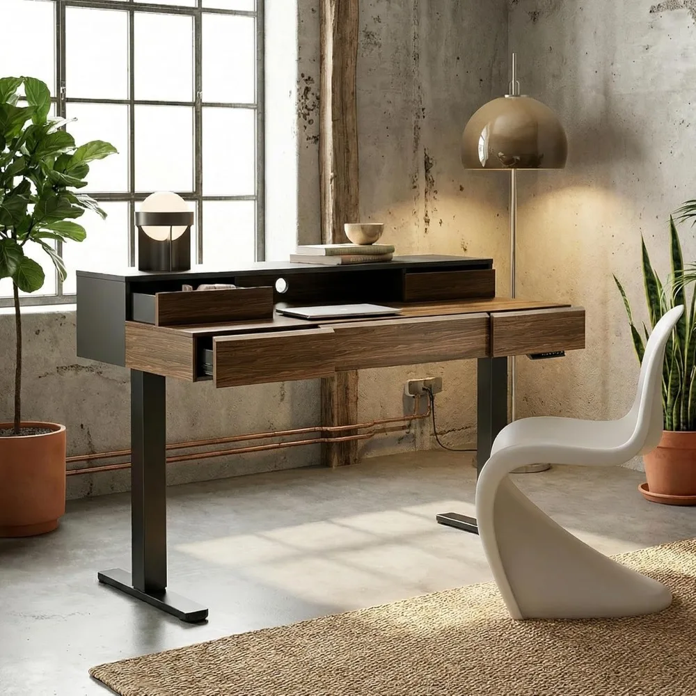 

Electric Standing Desk with 5 Solid Wood Drawers, 48 x 26 Inches Whole Piece Desktop,with Desktop Riser Stand,Modern Office Desk