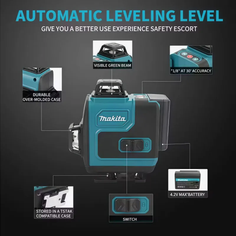 Makita High Precision Green Laser Leveler 360° Horizontal & Vertical Wall-Mounted Portable Power Tools with 16-Line 3D-4D Featur