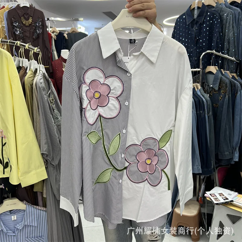 Colorblock Stripes Flowers Embroidery Women Blouses Turn-down Collar Loose Cardigans Top All-match Long Sleeve Casual Shirts