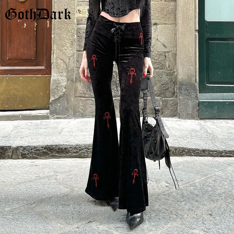 Pantaloni svasati a vita alta in velluto scuro gotico Pantaloni lunghi morbidi con ricamo incrociato moda Harajuku Pantaloni slim gotici autunnali da donna