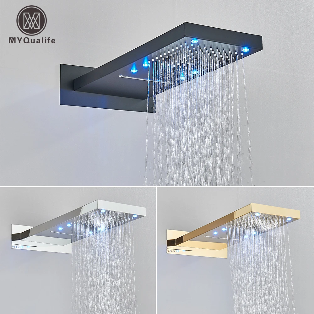 Black LED Rain Waterfall Oblong Shower Head Three Colors Change Wall Mounted Shower Faucet 54*22CM Square Head Bathroom Shower