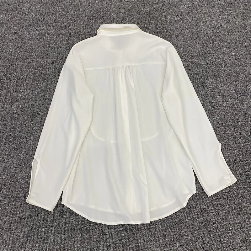 Maxdutti Single Breasted Pleated Long Sleeved Shirt Women Autumn Tops Casual Loose Blouse Women Minimalist Chiffon Shirt