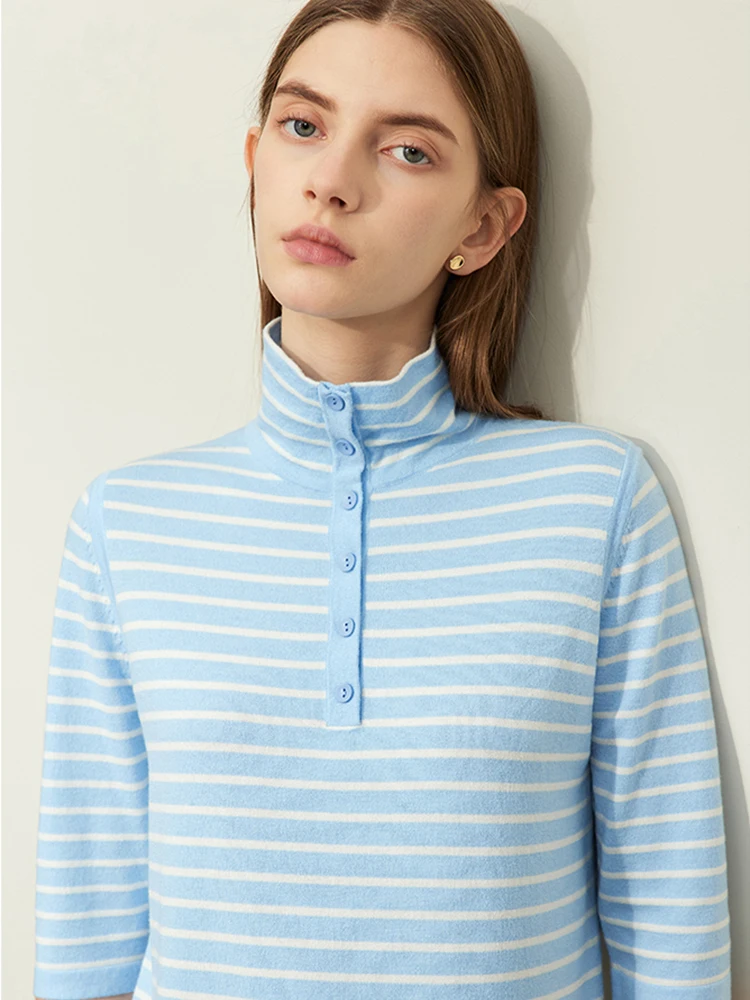 AMII Minimalism Wool Knit Sweater Women 2024 Spring New Mock Neck Contrast Color Stripe Two Wear Slim Streetwear Blouse 12441097