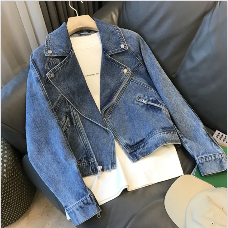 

Spring Autumn Women Denim Jacket Casual Lady Moto Biker Coat Vintage Lapel Zipper Jacket