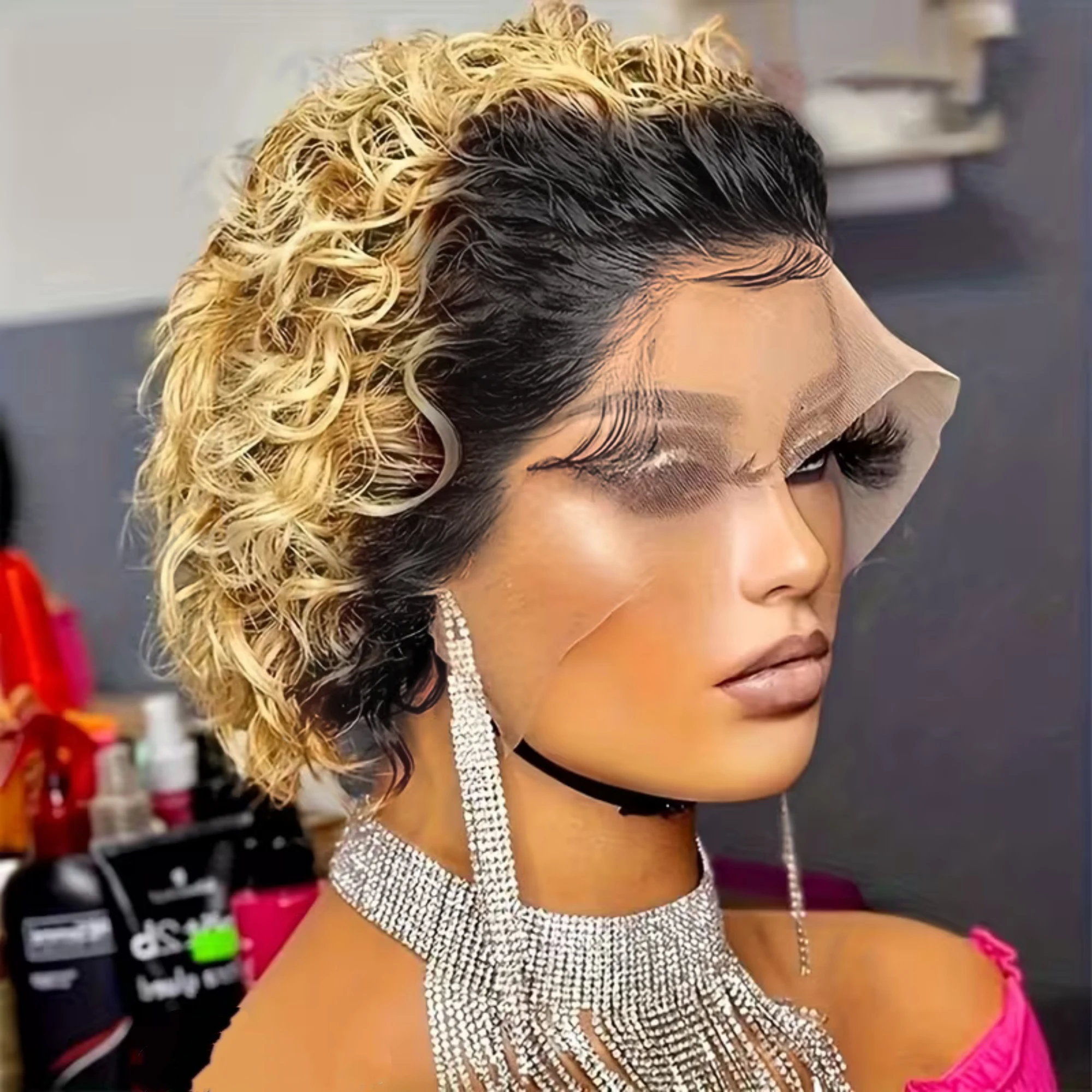 

1B/27 Короткие вьющиеся волосы Remy с глубокими волнами, короткие вьющиеся волосы пикси, 13x4, прозрачный кружевной фронтальный парик