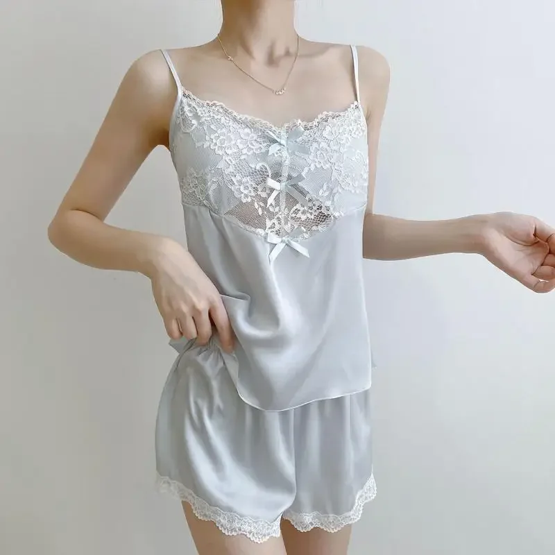 

Silky Satin Sleepwear Sexy Lace Strap Top&Shorts Intimate Lingerie Summer Female Suspender Pajama Set Loungewear Home Clothes