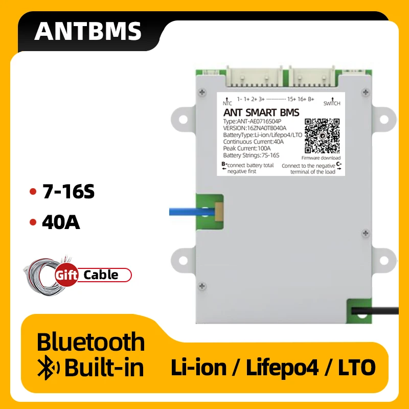 

ANT BMS 7S 8S 13S 14S 16S smart bms Li-Ion LiFePo4 LTO Battery 40A 100A 24V 36V 48V Bluetooth Built-in Same Port Balance Board