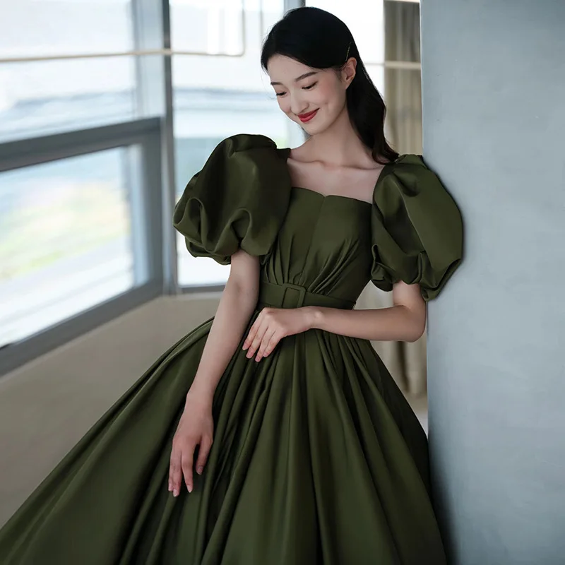 Princess Dark Green Backless Evening Dress 2022 Sexy Square Neck Puff Sleeve A-Line Party Prom Gown