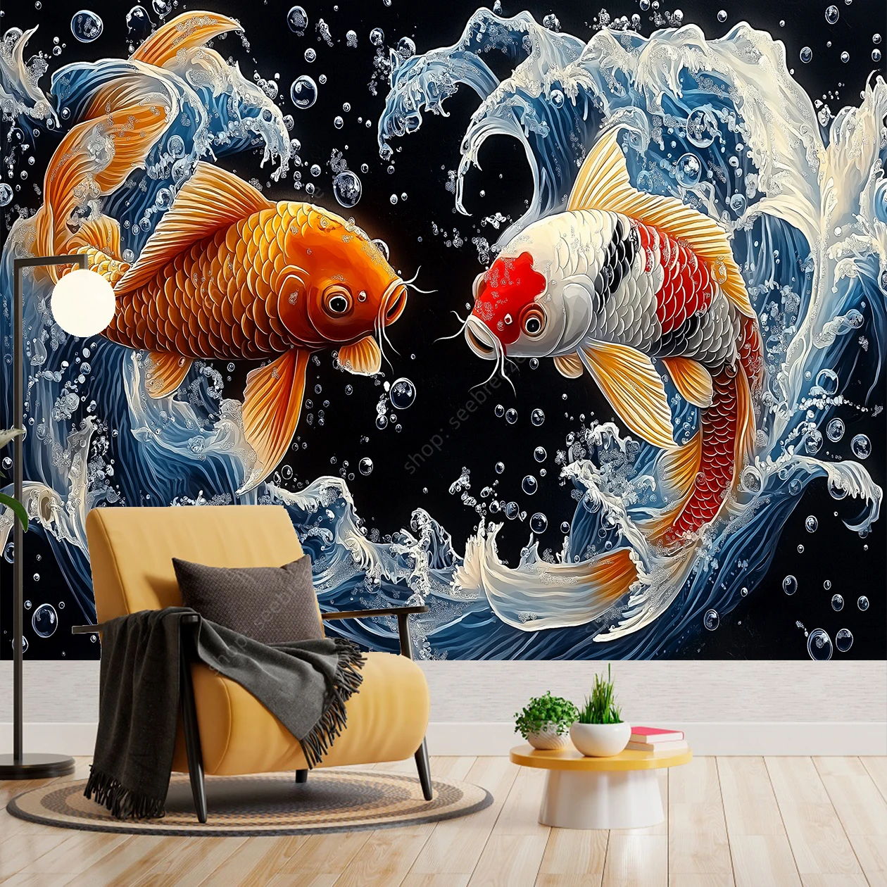 Koi Fish Swimming Tapestry Japanese Inspired Wall Art for Home Decor Zen Style Living Room Bedroom Watercolor Koi Design