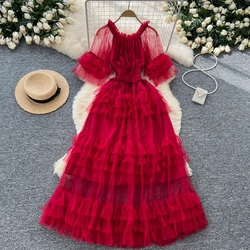 Chic Pleated Elegant Short Flare Sleeve O-neck Mesh Dresses Vintage Korean Fashion Evening Party Casual Women Summer Clothing