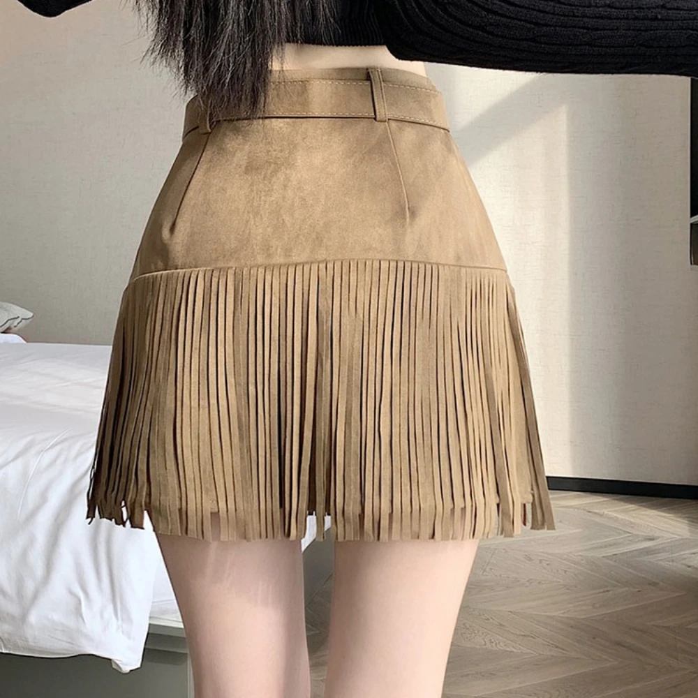 سيولش عالية الخصر خمر شرابة المخملية المرأة ألف خط التنانير الزنانير 2025 جديد الخريف الشتاء مثير التنانير الصغيرة المتزلج الإناث